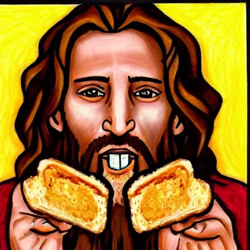 Prompt: photo realistic portrait of jesus eating toast, made with crayons