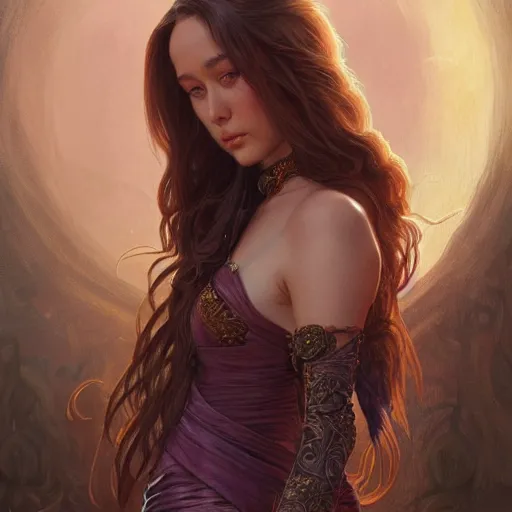 Prompt: Alycia Debnam-Carey, fantasy, intricate, elegant, highly detailed, digital painting, artstation, concept art, matte, sharp focus, illustration, art by Artgerm and Greg Rutkowski and Alphonse Mucha, purple ochre crimson color scheme