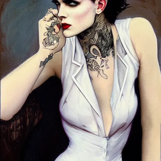 Image similar to beautiful portrait of androgynous ruby rose as desire from sandman in a white tuxedo!!!, rockabilly style, by alphonse mucha, cedric peyravernay, by jeremy mann, by frank moth, white suit and black tie, double picture, soft lightning, high detailed, 8 k