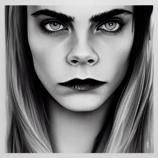 Image similar to minimalistic black and white portrait of cara delevigne, ink on canvas, trending on artstation, eyes, eyebrows, nose, lips, detailed, art