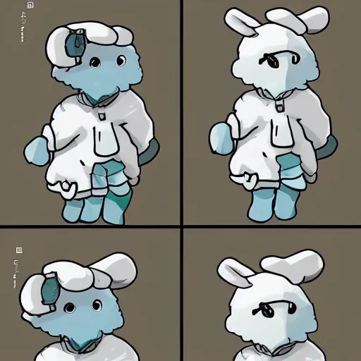 Image similar to little boy wearing sheep suit. white, gray, blue, green and brown pallet color. made in abyss art style, inspired in kris from deltarrune, cute detailed artwork, anatomically perfect