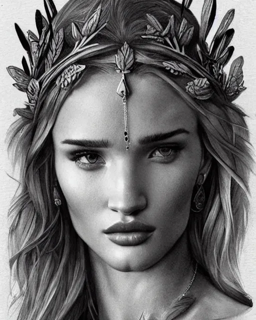 Prompt: realism tattoo sketch of rosie huntington - whiteley as a beautiful greek goddess aphrodite with piercing eyes wearing a laurel wreath and triangle earrings, in the style of greg rutkowski, amazing detail