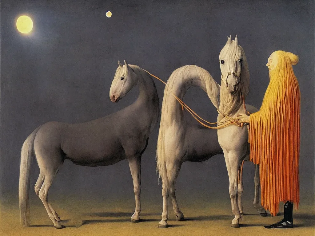 Image similar to albino mystic, with his back turned, with beautiful exotic horse in the day of the eclipse. Painting by Jan van Eyck, Audubon, Rene Magritte, Agnes Pelton, Max Ernst, Walton Ford