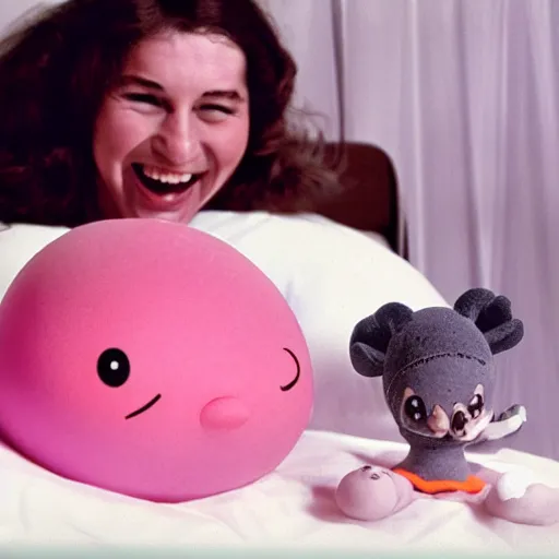 Image similar to happy woman who has given birth to a squishy inflatable toy, in hospital bed, 1974 color Fellini film, technicolor film, 16mm, wacky children's tv with anthropomorphic animal