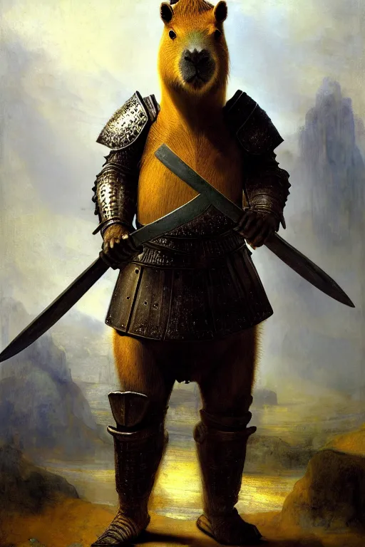 Prompt: a bipedal capybara that is wearing full iron plate armor, and dual wielding broadswords, as a matte oil painting and d & d art, by rembrandt, standing, fullbody, blue fog, sharp focus, award - winning, extremely detailed, 4 k,