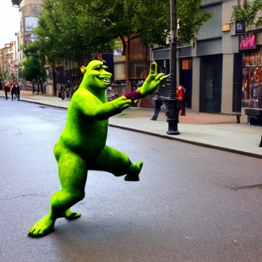 Image similar to realistic shrek dancing on the street in real life w 1 0 2 4