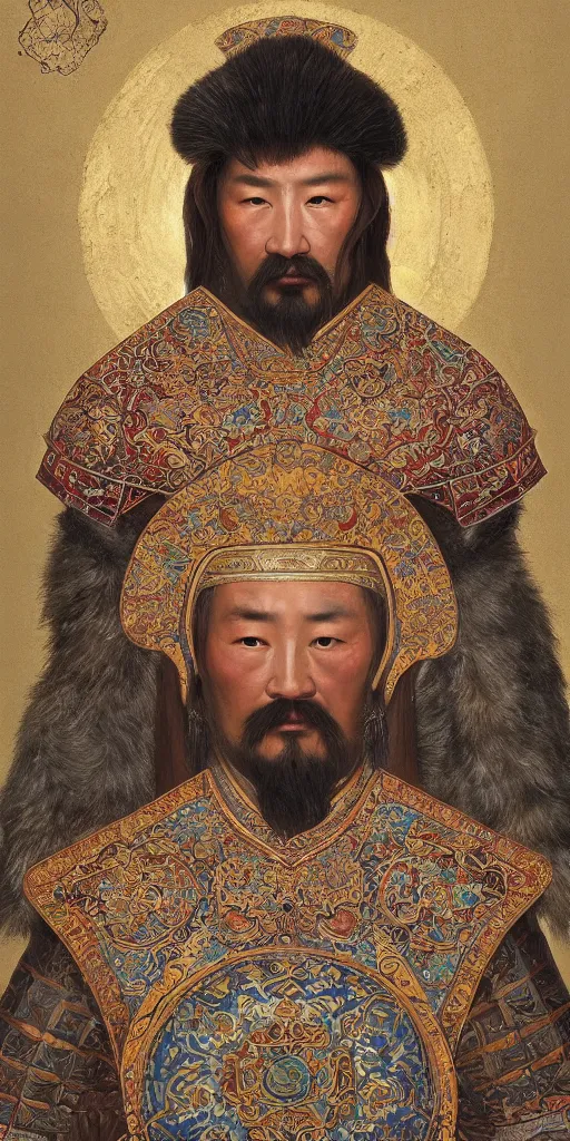 Image similar to a stunning and noble highly detailed romantic period style portrait of Genghis Khan by Josep Tapiró Baró, trending on artstation, oil painting masterpiece, symmetry, fractals, Mongolian iconography