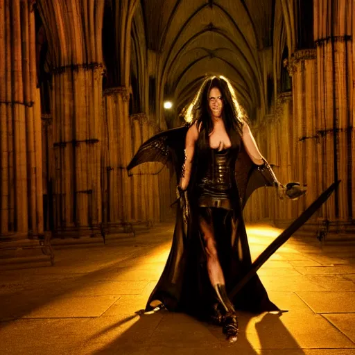 Prompt: michelle rodriguez as a female demon in a gloomy gothic cathedral at night