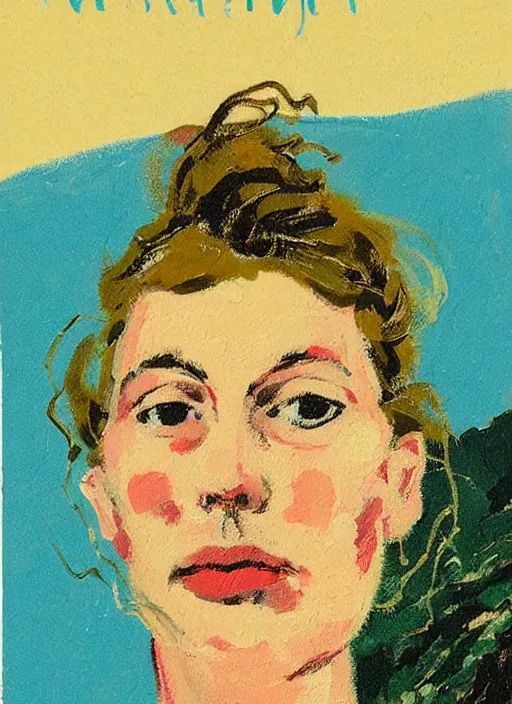 Prompt: an extreme close - up portrait of a lady in a scenic representation of mother nature and the meaning of life by billy childish, thick visible brush strokes, figure painting by anthony cudahy and rae klein, vintage postcard illustration, minimalist cover art by mitchell hooks