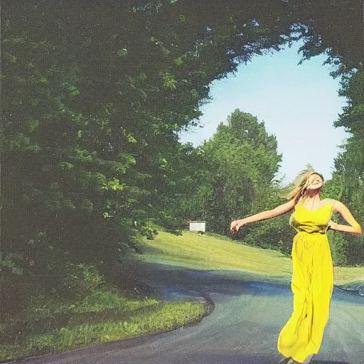 Image similar to “a woman runs sideways to the center of the frame in a yellow sundress at night, full height, in the background a slavic barn and bushes with trees”
