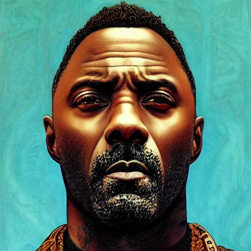 Prompt: portrait of idris elba, hyper detailed masterpiece, neon floral pattern, jean giraud, digital art painting, darkwave goth aesthetic, psychedelic, artgerm, donato giancola and tom bagshaw