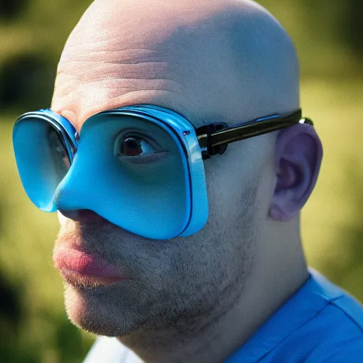 Prompt: portrait photo of a yellow - skinned man who is bald with wrinkles and stubble, he wears blue overalls no shirt, he has thick round goggles over his big hazel eyes, he looks like a human minion, moody cinematic lighting, realistic facial features, hyper detailed, crisp image, leica, 2 4 mm lens