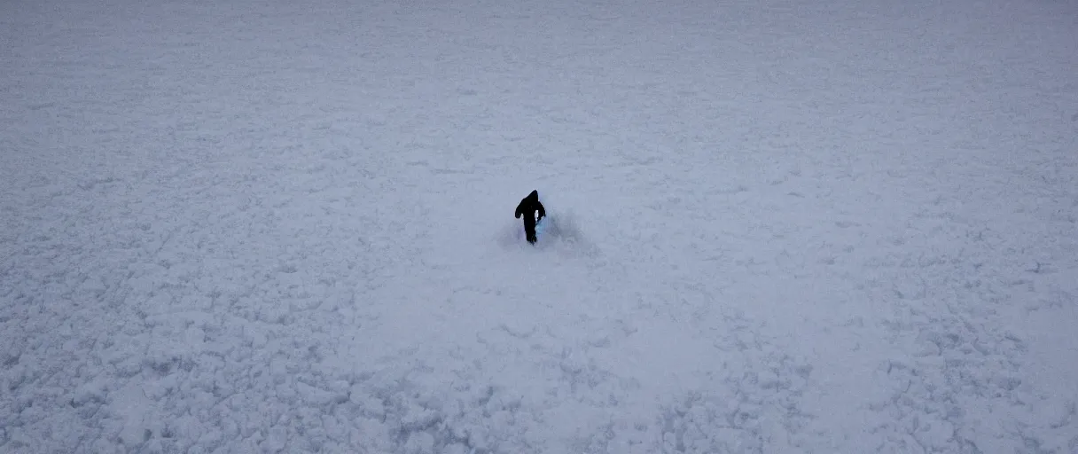 Image similar to a high quality color closeup hd 4 k film 3 5 mm photograph of very heavy snow blizzard in desolate antarctica, the faint barely visible silhouette of a bulky man is inside the blizzard