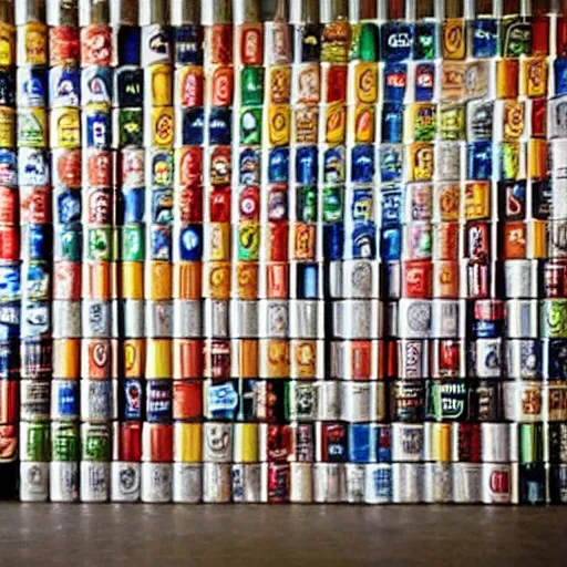 Image similar to a multilevel display of beer cans with cool trendy logos