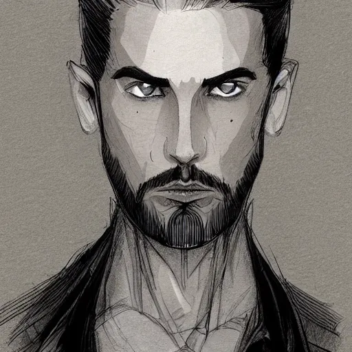 Prompt: very attractive man with beard, body full, strong masculine features, 3/4 front view, slim, short hair, 35 years old, one android eye, sophisticated clothing with some steampunk elements, gesture dynamic, command presence, royalty, weathered face, smooth, sharp focus, organic, appealing, book cover, deep shadows, by Dave McKean sketch lineart for character design