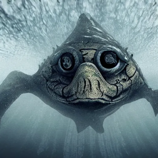 Image similar to sea monster about to eat pov underwater, pale skin, dark, foggy water, dramatic,'silent hill ', big eyes, terrifying, horrific, non - human cinematic