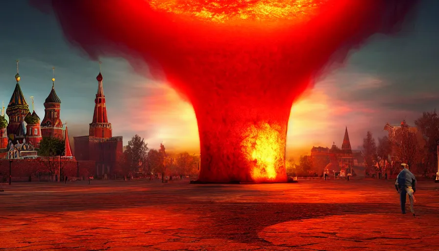 Image similar to a big nuclear explosion with realistic nuclear mushroom in Red Square Kremlin, dramatic lighting, cinematic, extremely high detail, photo realistic, cinematic lighting, post processed, concept art, artstation, matte painting, unreal engine 8k