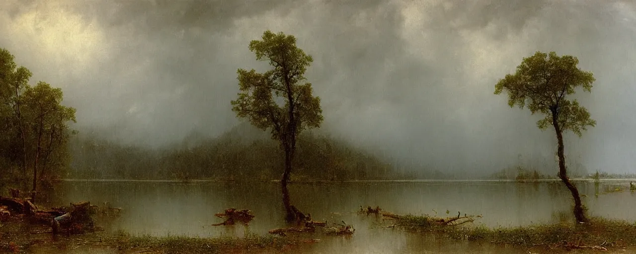 Image similar to a painting of a lake, heavy downpour, raining, by albert bierstadt