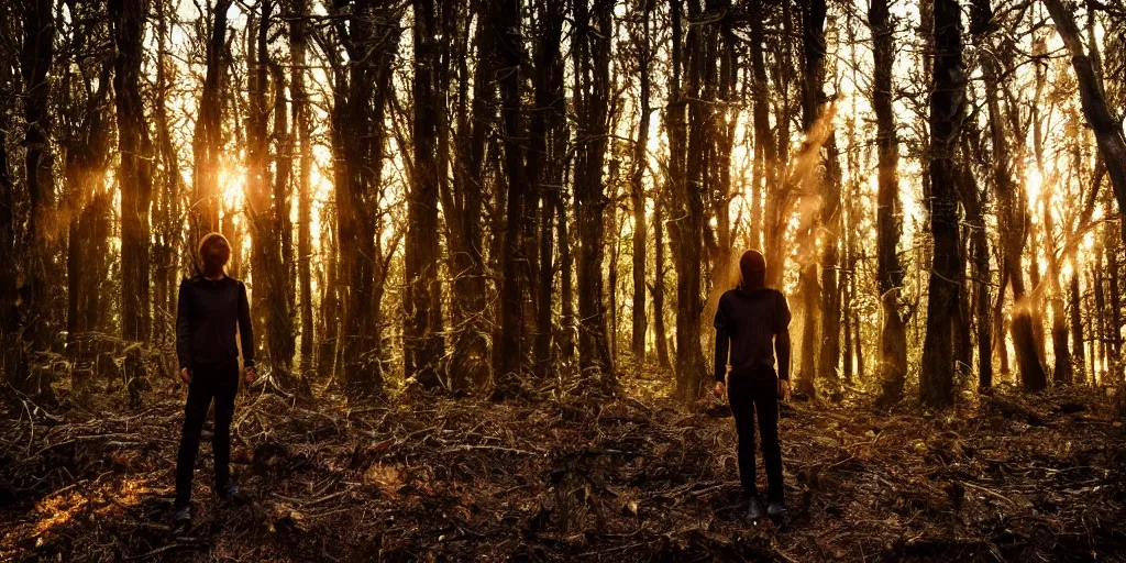 Image similar to mixture between a human and crow, golden hour, photograph captured in a forest