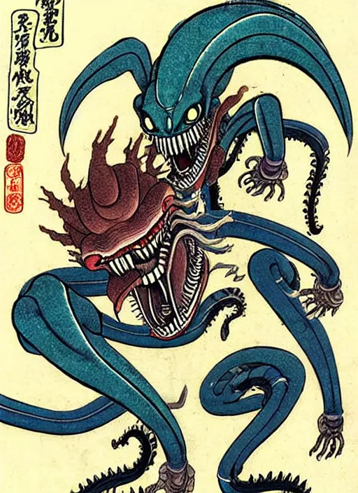 Image similar to the xenomorph as a yokai illustrated by kawanabe kyosai and toriyama sekien