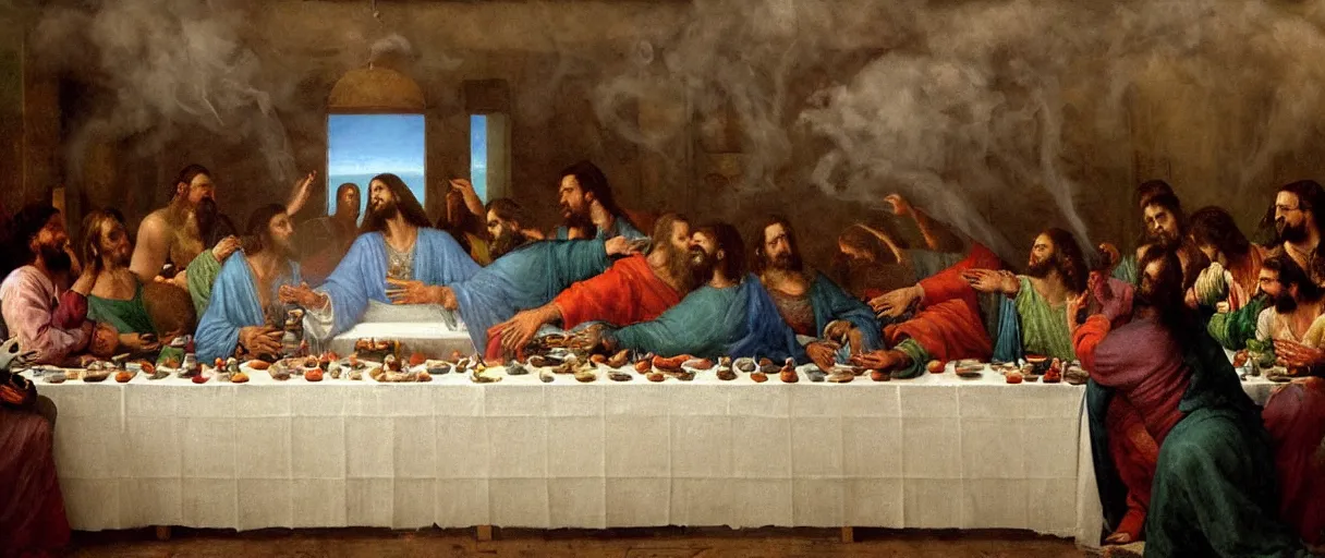 Prompt: the last supper spring break party, jesus drinking and passing big blunts, in clouds of smoke, woman dancing on a table, album cover,, 4 k, hyperrealistic photograph, highly detailed, sharp focus, art by ilya repin