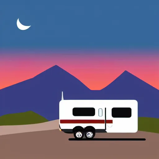 Image similar to very very very stylized minimal vector graphic of a thor chateau motorhome, highway, mountains and sunset!!, white background, all enclosed in a circle, dramatic, professional minimal graphic design cartoon, award winning