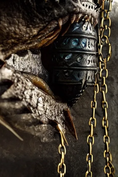 Image similar to very very intricate photorealistic photo of a chain chomp in an episode of game of thrones, photo is in focus with detailed atmospheric lighting, award - winning details