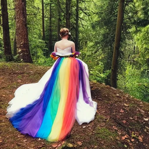 Image similar to photo of emma watson wearing a rainbow wedding gown sitting in a forest