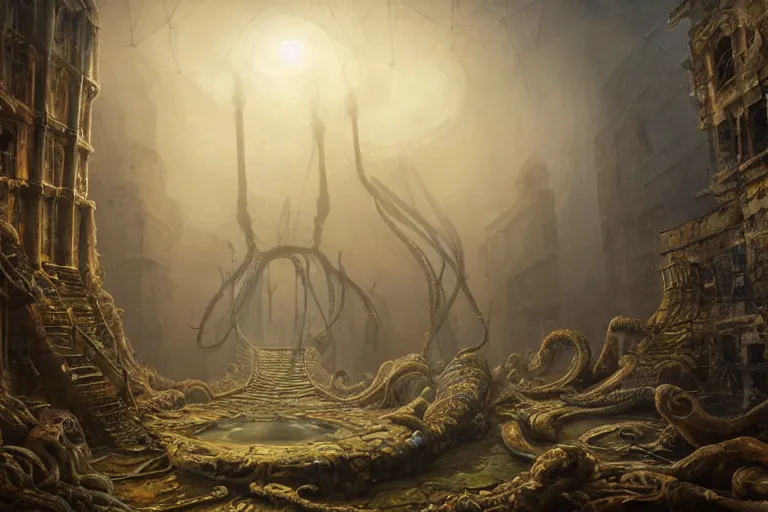 Image similar to ultra realist soft painting of a single lovecraftian gigantic creature, inside ruins, very intricate details, dense fog, golden ratio, volumetric cinematic lighting, reflections, refractions, symmetry accurate anatomy features, omnious background, unreal render