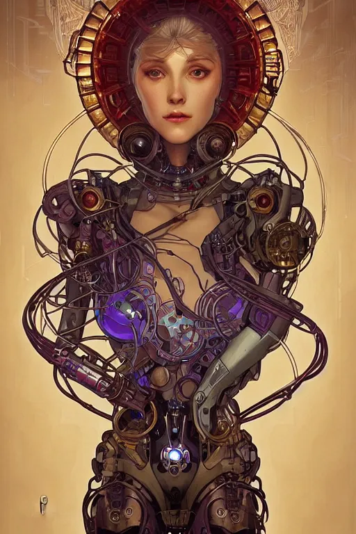 Image similar to realistic detailed portrait of a humanoid mecha cyberpunk! goddess by Alphonse Mucha and Charlie Bowater, rule of thirds, golden ratio, Art Nouveau cyberpunk! style, mechanical accents!, mecha plate armor, glowing LEDs, flowing wires with leaves, rich deep moody colors