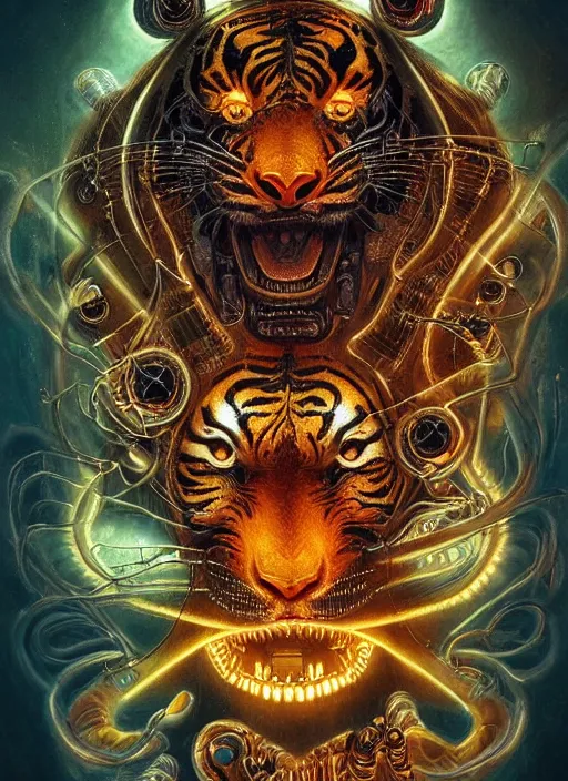 Prompt: beautiful portrait of a biomechanical tiger with glowing nuclear vials, tubes with liquid, james jean, nekro, tomasz alen kopera, vibrant colors, mandelbrot fractal, intricate, elegant, highly detailed, ornate, elegant, luxury, dramatic lighting, octane render, 8 k, trending on artstation, dark background