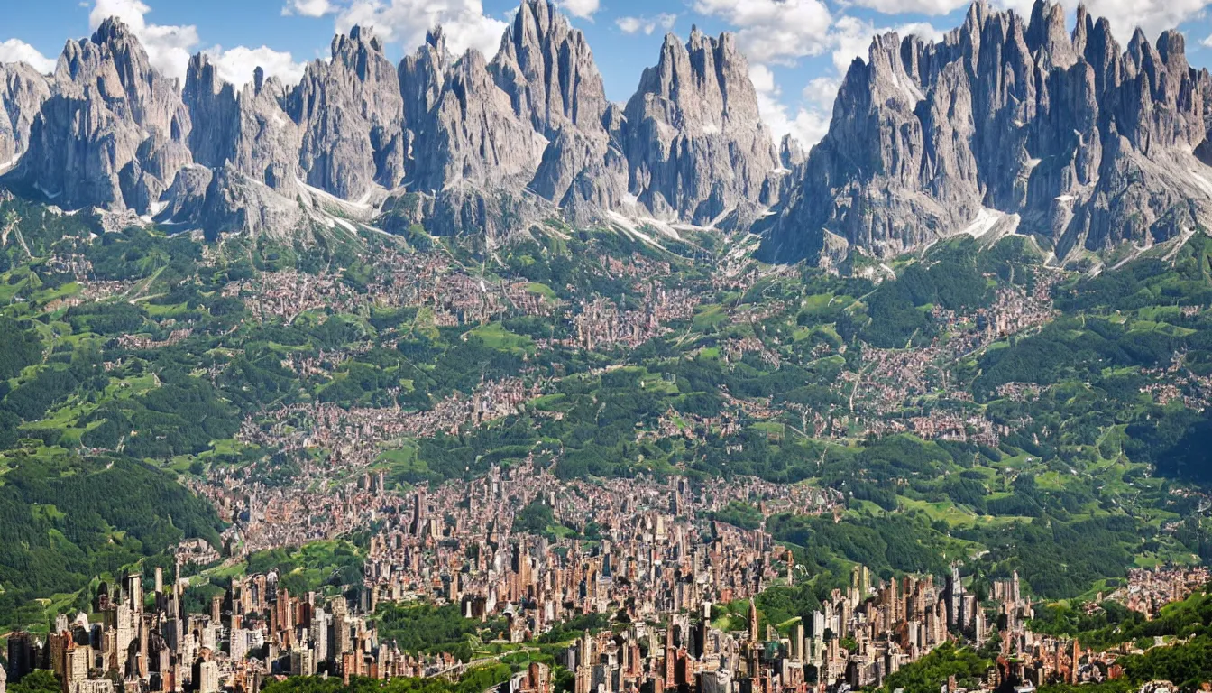 Image similar to new york city in dolomites mountains