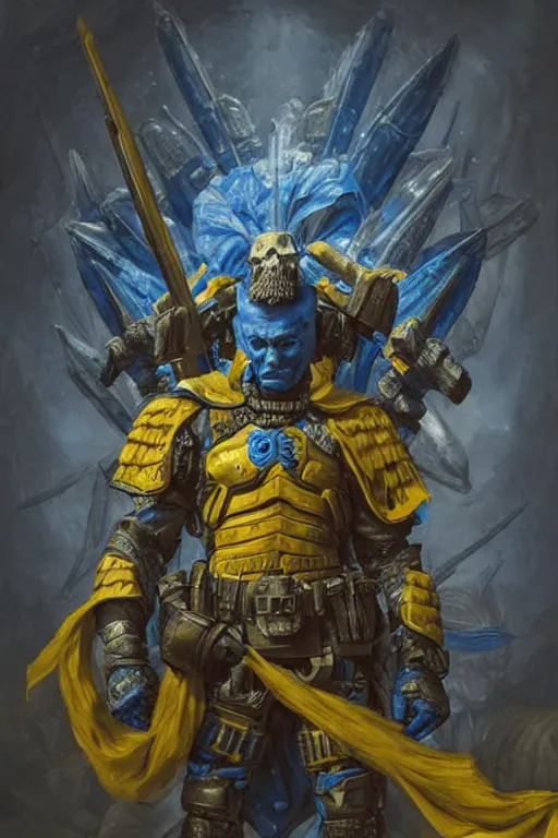 Prompt: a distant shot from behind of a Ukrainian super soldier with blue and yellow flag behind him standing alone on a huge pile of skulls as a winner, masculine muscular figure, D&D, fantasy, intricate, elegant, highly detailed, extremely detailed, digital painting, artstation, concept art, matte, smooth, sharp focus, illustration, art by Artgerm and Greg Rutkowski and Alphonse Mucha