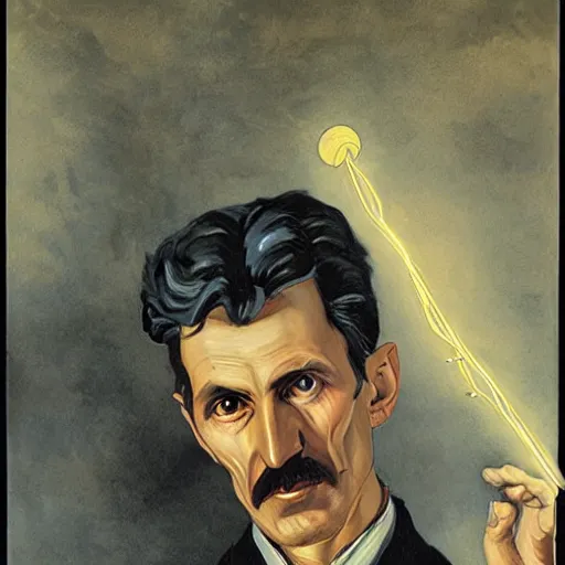 Image similar to portrait of nikola tesla holding wireless light, hanafuda oil on canvas by ivan shishkin, james jean and yoji shinkawa