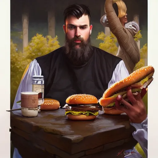 Prompt: portrait of the ravens greg roman eating hamburgers, extra onions and ketchup, luscious patty with sesame seeds, feminine ethereal, handsome, d & d, fantasy, intricate, elegant, highly detailed, digital painting, artstation, concept art, matte, sharp focus, illustration, art by artgerm and greg rutkowski and alphonse mucha