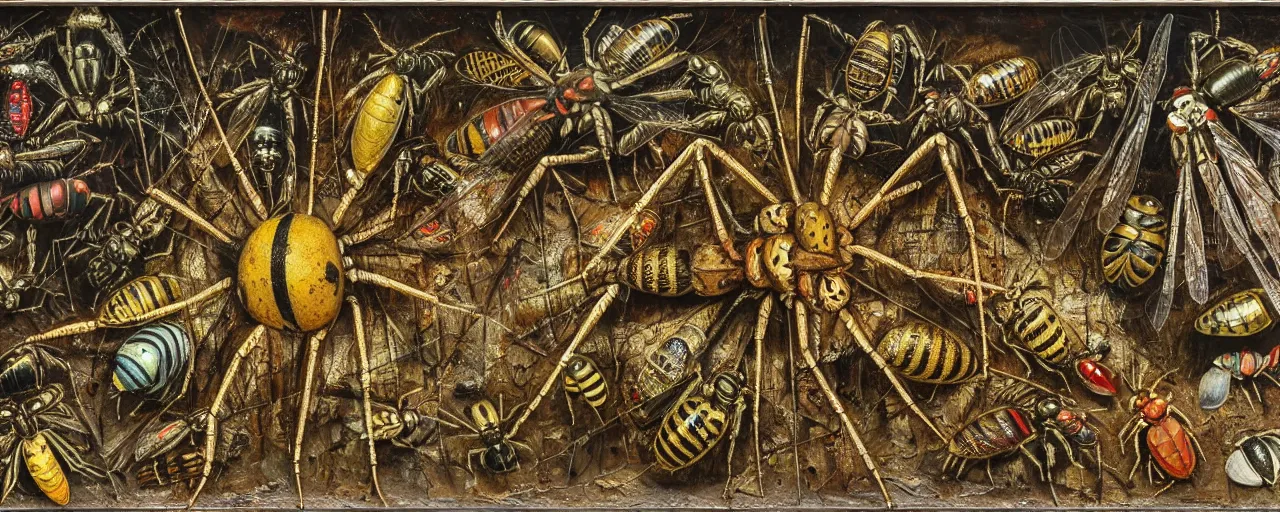 Prompt: strange giant insects, beetles, spiders, wasps, bees, maggots, locusts and flies, in a museum display case, oil painting by max ernst and anselm kiefer, decay, mixed media, textured, sharp focus, highly detailed, photographic emulsion cracked and peeling, rust, cinematic lighting, 8 k, hd