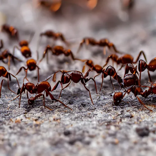 Prompt: macro photo of ants herding their tiny elephants