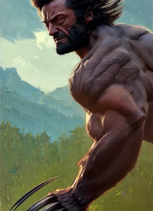 Prompt: portrait of wolverine, forest, calm, fantasy character portrait, dynamic pose, above view, sunny day, thunder clouds in the sky, artwork by Jeremy Lipkin and Giuseppe Dangelico Pino and Michael Garmash and Rob Rey, very coherent symmetrical artwork, sharp edges, perfect face, simple form, 100mm