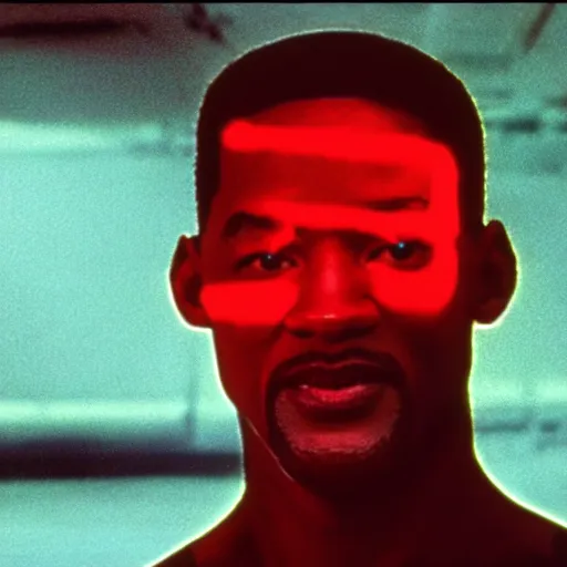 Image similar to film still of will smith as the terminator (1984 film),glowing red eyes, half exposed exoskeleton face, half cyborg, film grain, insanely detailed, 4k, photorealistic, hd