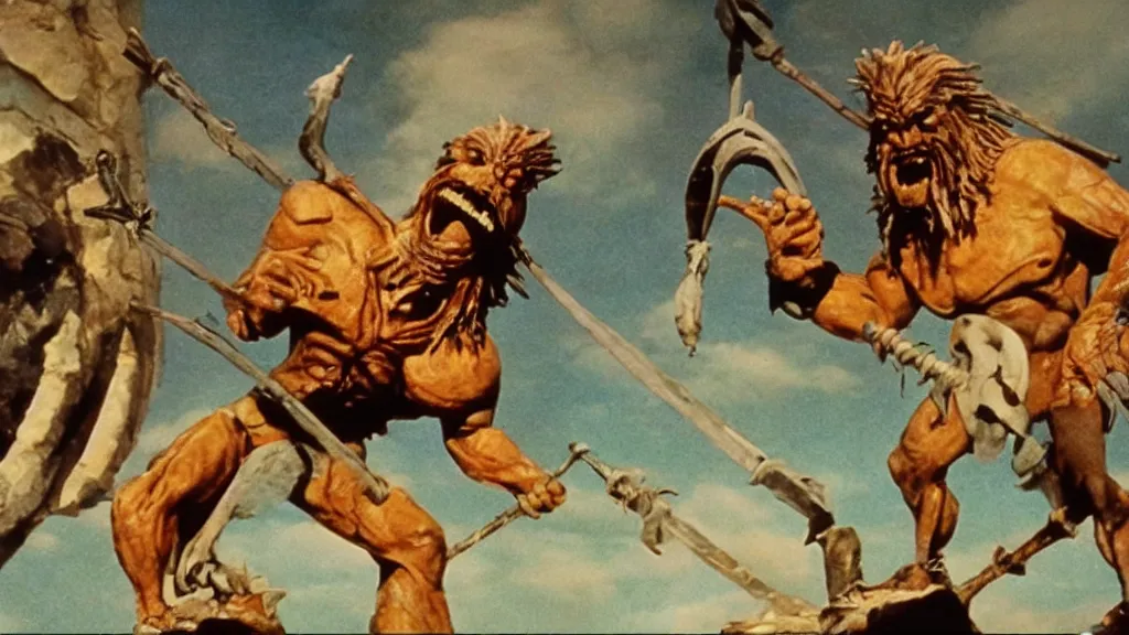 Image similar to still from a stop motion animated movie about a giant cyclops, by ray harryhausen, nineteen seventy five, cinematic lighting, ultra realistic, panavision, wide screen, saturated color, seventies cinema, vintage, sword and sorcery