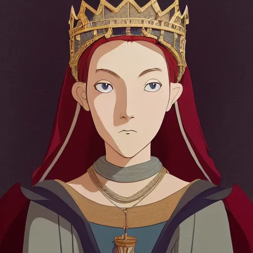 Image similar to portrait of a medieval old queen, cartoon character, artstation, elegant, highly detailed, digital painting, concept art, smooth, sharp focus, illustration, art by studio ghibli, makoto shinkai, don bluth, fujita goro, jean giraud, atey ghailan, akihiko yoshida, tom whalen 8 k