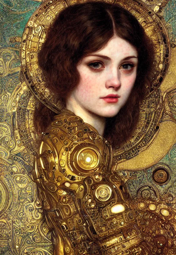 Image similar to picture portrait of a mechanical girl, ornamental, photorealistic, photorealism, cinematic atmosphere, elaborate, highly detailed, ornate, futuristic, dramatic lighting, 4 k, by waterhouse, mucha, klimt,