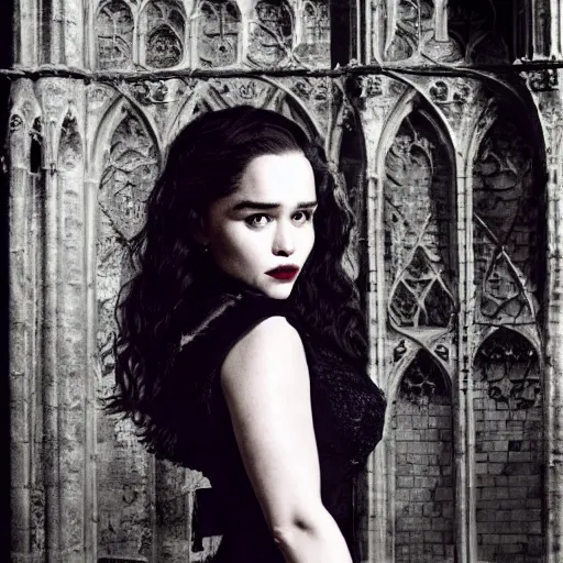 Image similar to emilia clarke as a goth temptress in a gloomy gothic cathedral at night