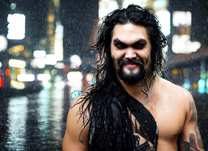 Image similar to closeup portrait of emo vampire goth jason momoa standing in the rain in a dark cyberpunk city, heavy make - up running down face, neon reflections in the puddles, portra 4 0 0 candid photograph portrait by annie leibovitz, 3 5 mm macro shot, f / 3 2, hyperrealistic, cinematic lighting, hd wallpaper, 8 k, 4 k