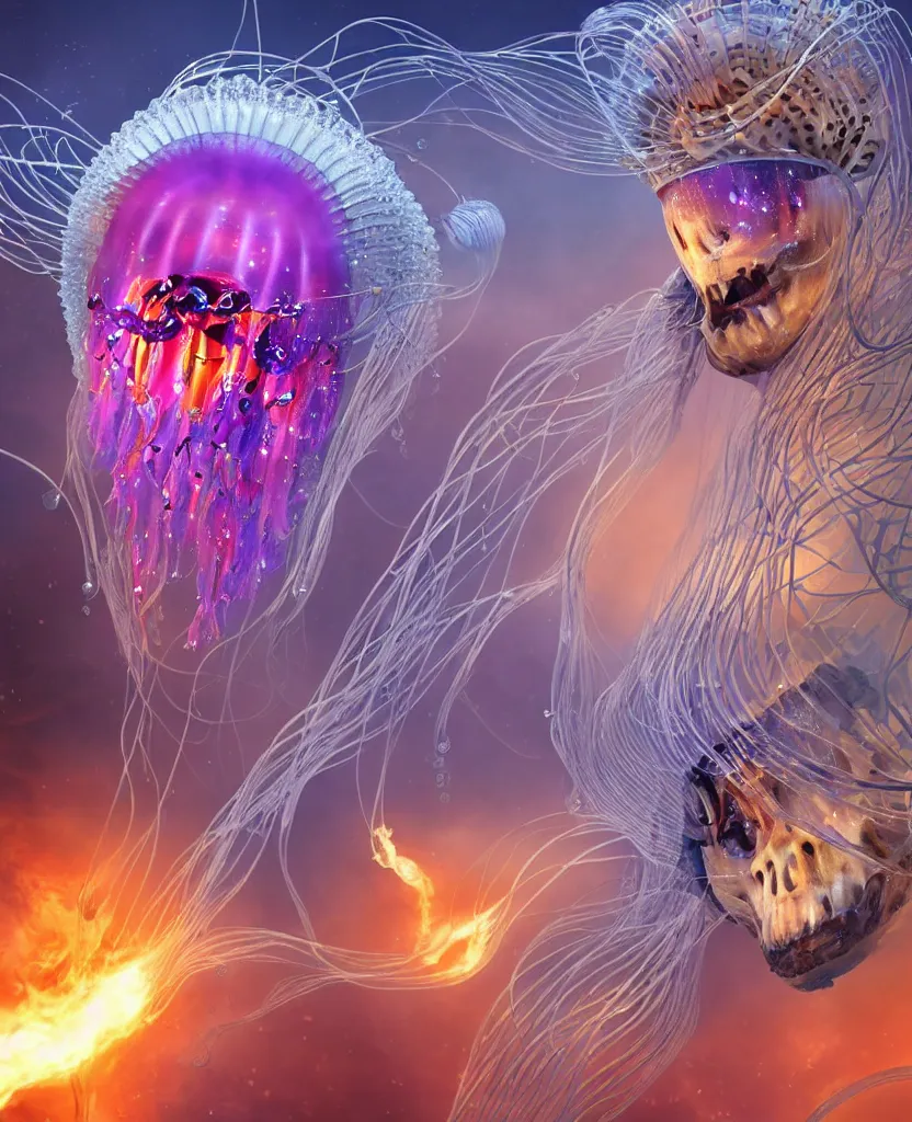 Image similar to close-up portrait of the face of a beautiful princess in a twisted flowers jellyfish mask in a spaceman suit surrounded by energy flow, epic angle and pose, symmetrical artwork, 3d with depth of field, blurred background, floating jellyfish skull phoenix bird, translucent, nautilus, energy flows of water and fire. a highly detailed epic cinematic concept art CG render. made in Maya, Blender and Photoshop, octane render, excellent composition, cinematic dystopian brutalist atmosphere, dynamic dramatic cinematic lighting, aesthetic, very inspirational, arthouse. y Greg Rutkowski, Ilya Kuvshinov, WLOP, Stanley Artgerm Lau, Ruan Jia and Fenghua Zhong