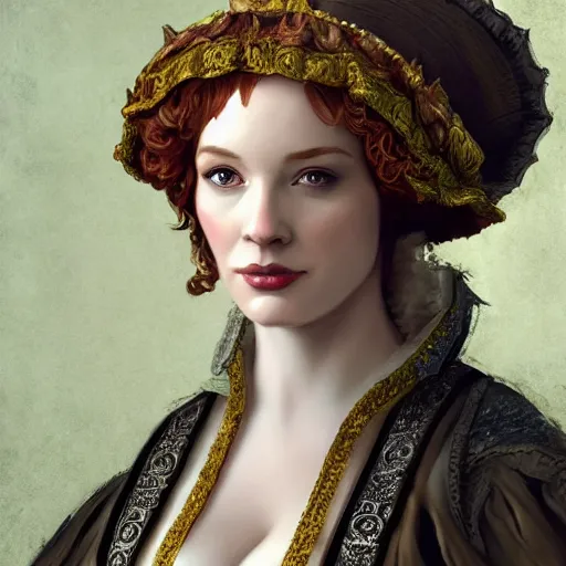 Image similar to a beautiful portrait of christina hendricks as a 1 6 th century noblewoman, fantasy, intricate, elegant, highly detailed, digital painting, artstation, concept art, matte, sharp focus, illustration, luminist and baroque style