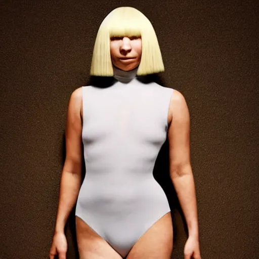 Image similar to sia furler wearing a skin colored leotard full body artistic photoshoot