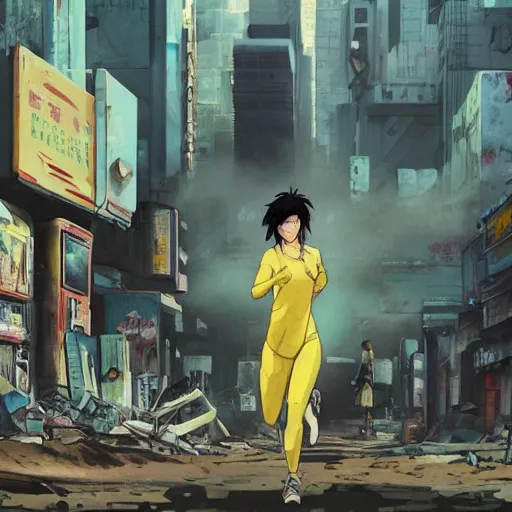 Image similar to incredible wide screenshot, ultrawide, simple watercolor, rough paper texture, ghost in the shell movie scene, backlit distant shot of girl in a parka running from a giant robot invasion side view, yellow parasol in deserted dusty shinjuku junk town, broken vending machines, bold graphic graffiti, old pawn shop, bright sun bleached ground, mud, fog, dust, windy, scary robot monster lurks in the background, ghost mask, teeth, animatronic, black smoke, pale beige sky, junk tv, texture, brown mud, dust, tangled overhead wires, telephone pole, dusty, dry, pencil marks, genius party,shinjuku, koji morimoto, katsuya terada, masamune shirow, tatsuyuki tanaka hd, 4k, remaster, dynamic camera angle, deep 3 point perspective, fish eye, dynamic scene