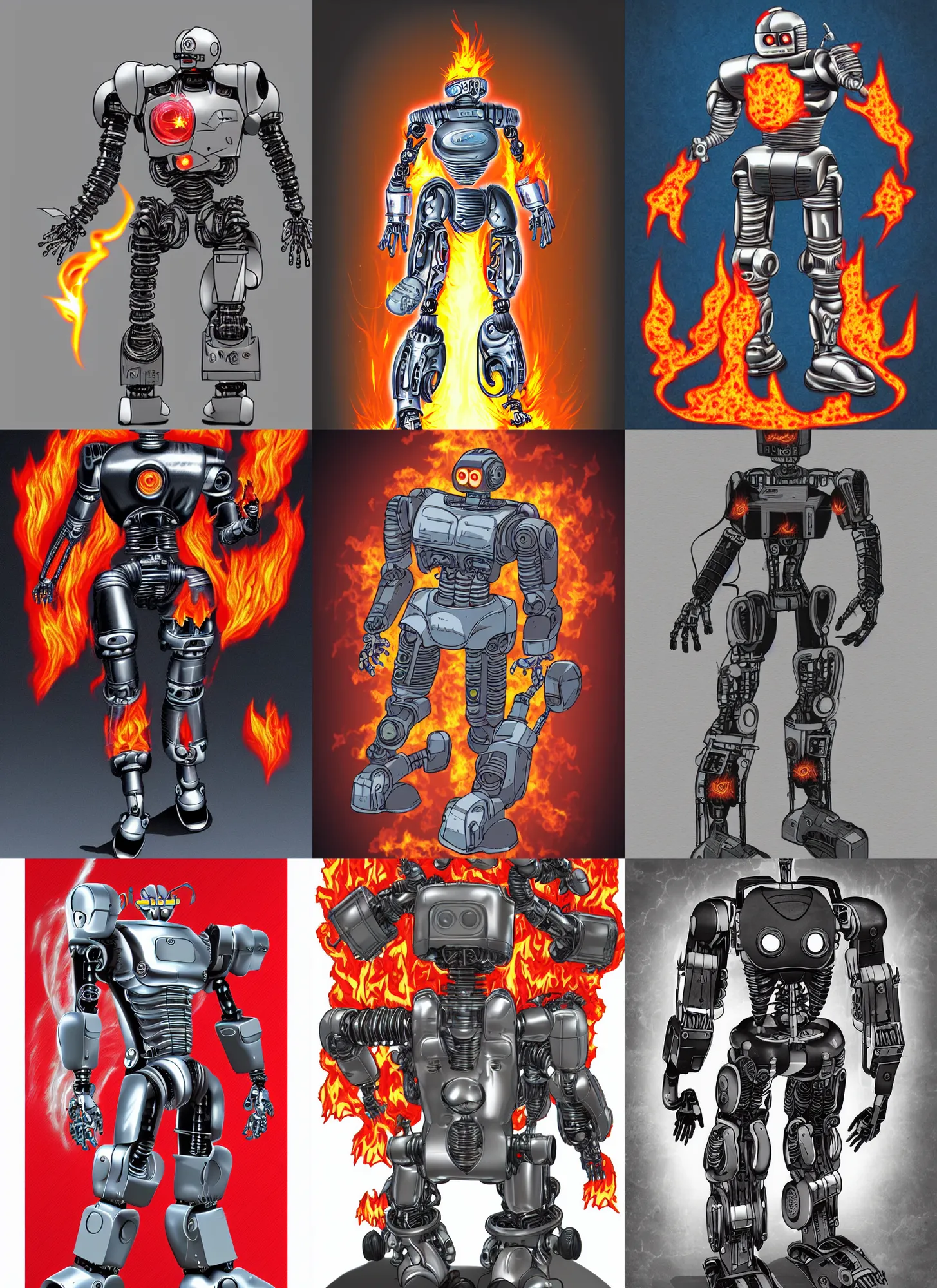 Prompt: full body concept retro sci - fi manga terminator robot with flames around it
