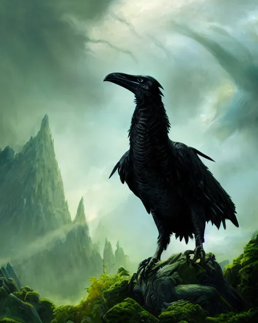 Prompt: oil painting of a Anthropomorphized raven shaman fusing with dragon, spirit of green dragon behind in the clouds, sharp focus, heroic pose, fantasy style, octane render, volumetric lighting, 8k high definition, by greg rutkowski, highly detailed, trending on art Station, magic the gathering artwork, Woodland background, centered